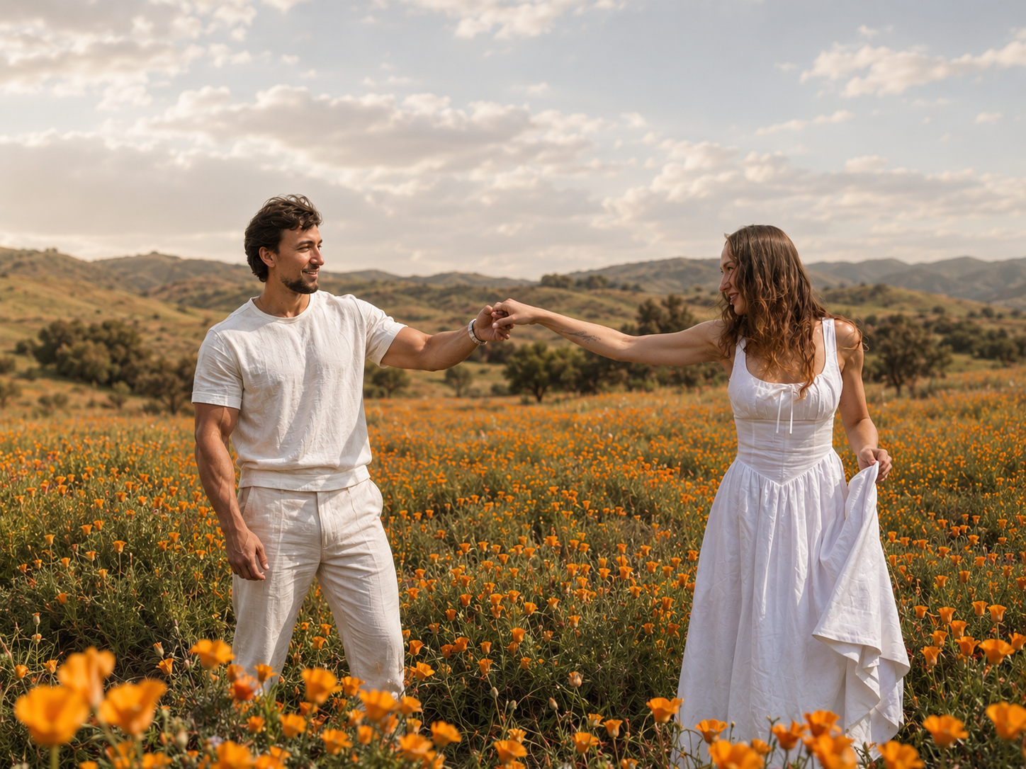 Constantine and Madina dancing in a field of orange poppies at golden hour