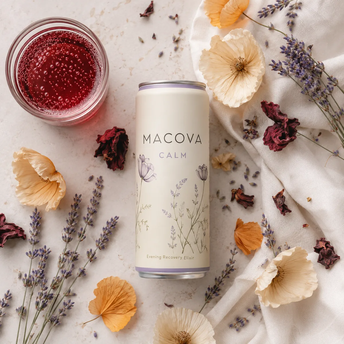 Macova Calm flatlay with botanicals