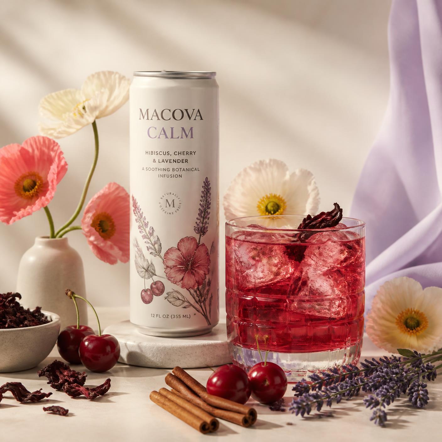 MACOVA Calm can with hibiscus glass, cherries, cinnamon and poppies